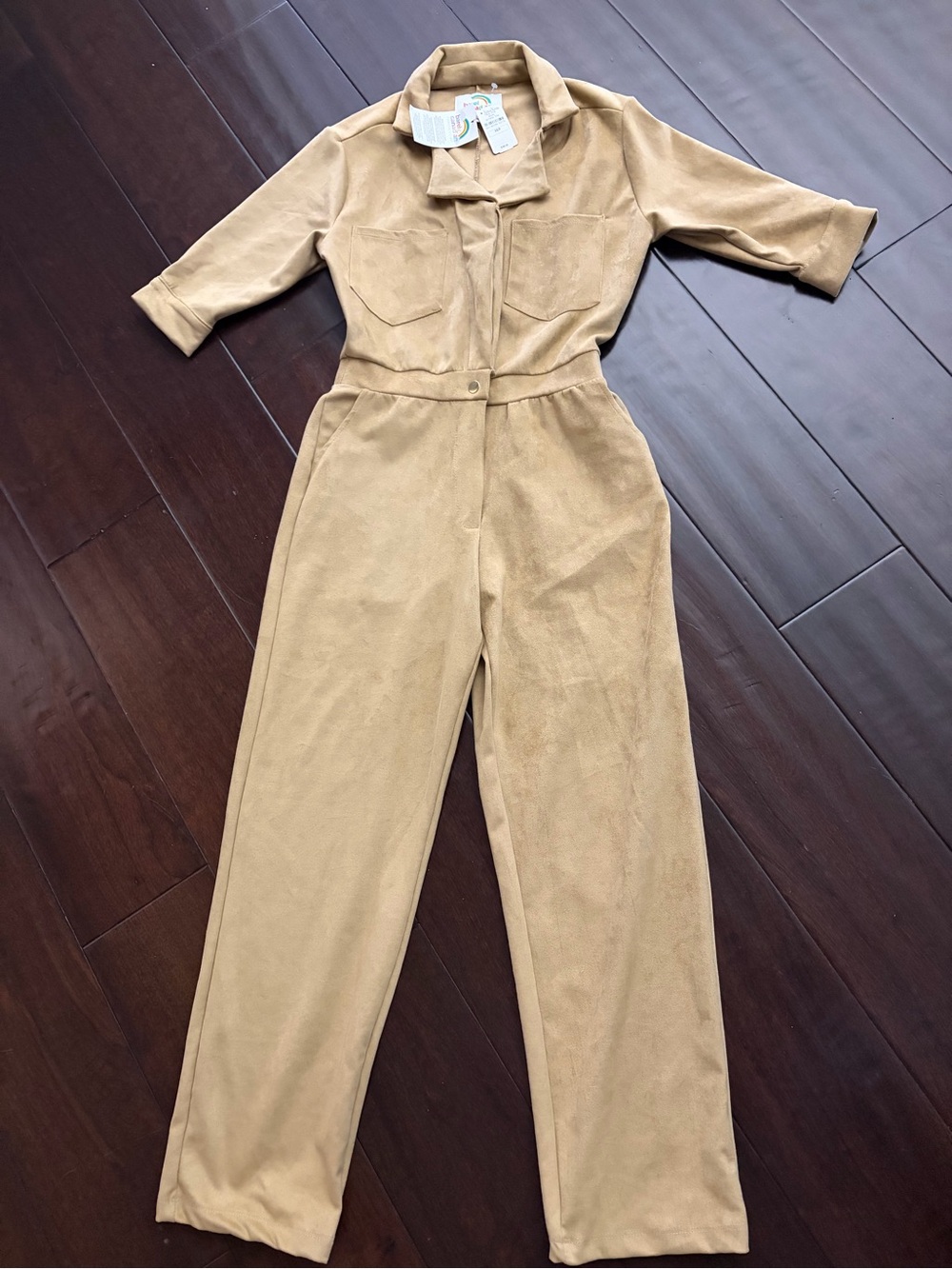 Neiman Marcus Camel Suede-Effect Utility Jumpsuit